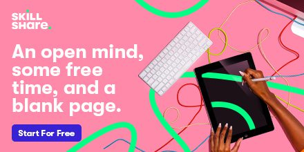 Skillshare ad with logo, person drawing on a tablet and text: "An open mind, some free time, and a blank page. Start for free".