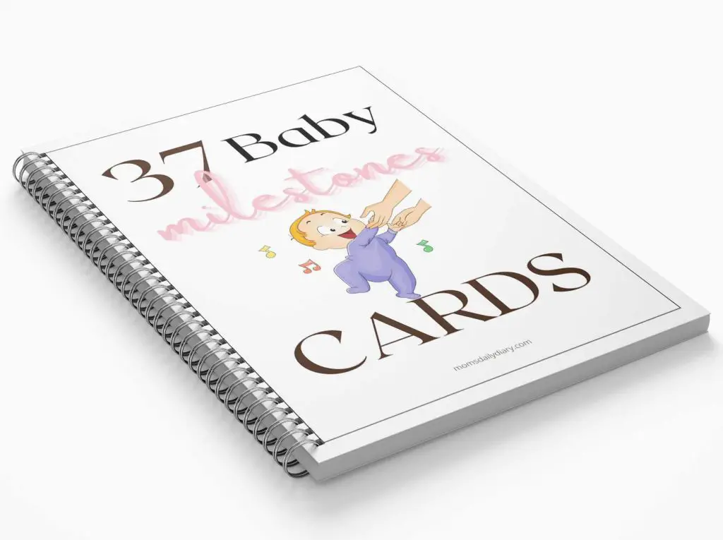 Promotional image of a spiral notepad with text 37 Baby milestone cards and an illustration of a walking baby.