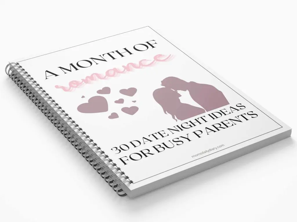 Promotional image of a spiral notepad with text "A month of romance. Date night ideas for busy parents" and an silhouette of a couple about to kiss.