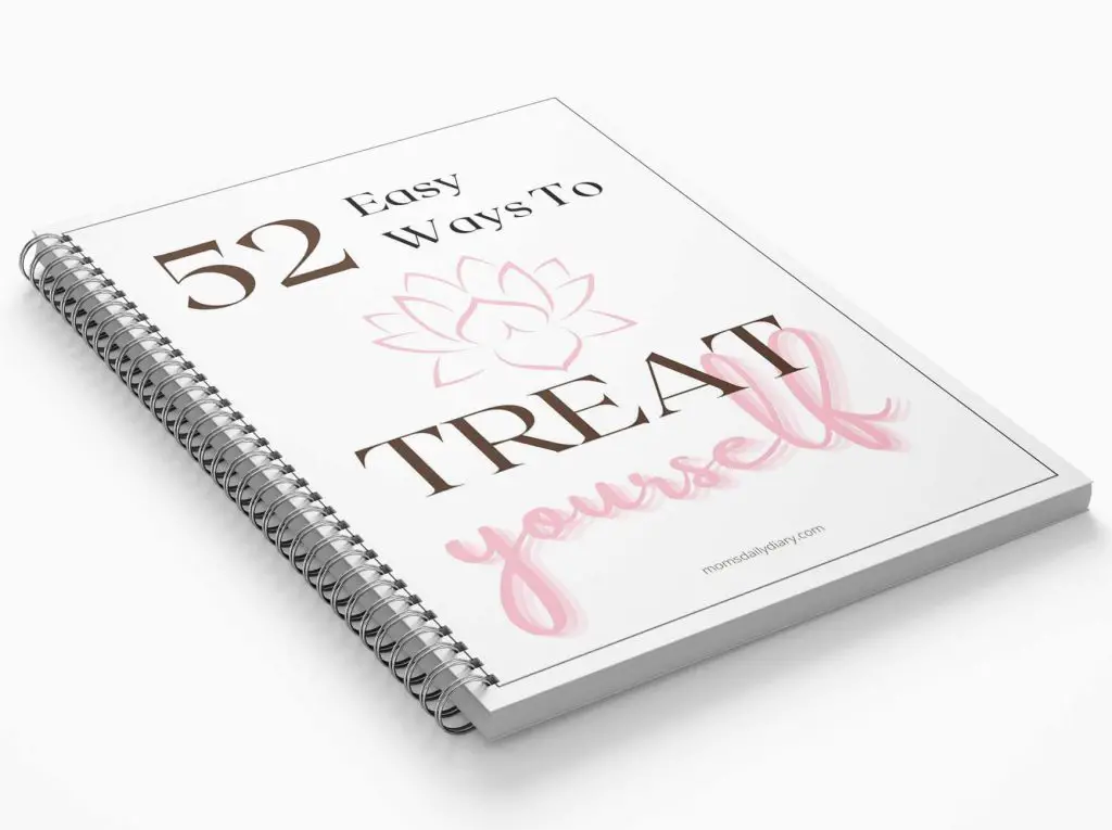 Promotional image of a spiral notepad with text 52 Easy ways to treat yourself and an illustration of lily flower.