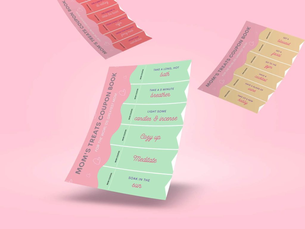 Promo image of flying pages from the Mom's treats coupon book available for free on Mom's Daily Diary.