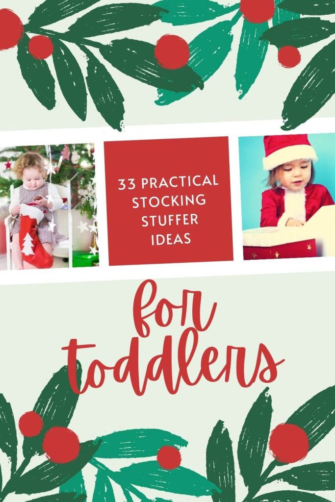 Pinterest pin with text "33 Practical Stocking Stuffer Ideas For Toddlers" and images of kids opening Christmas presents.