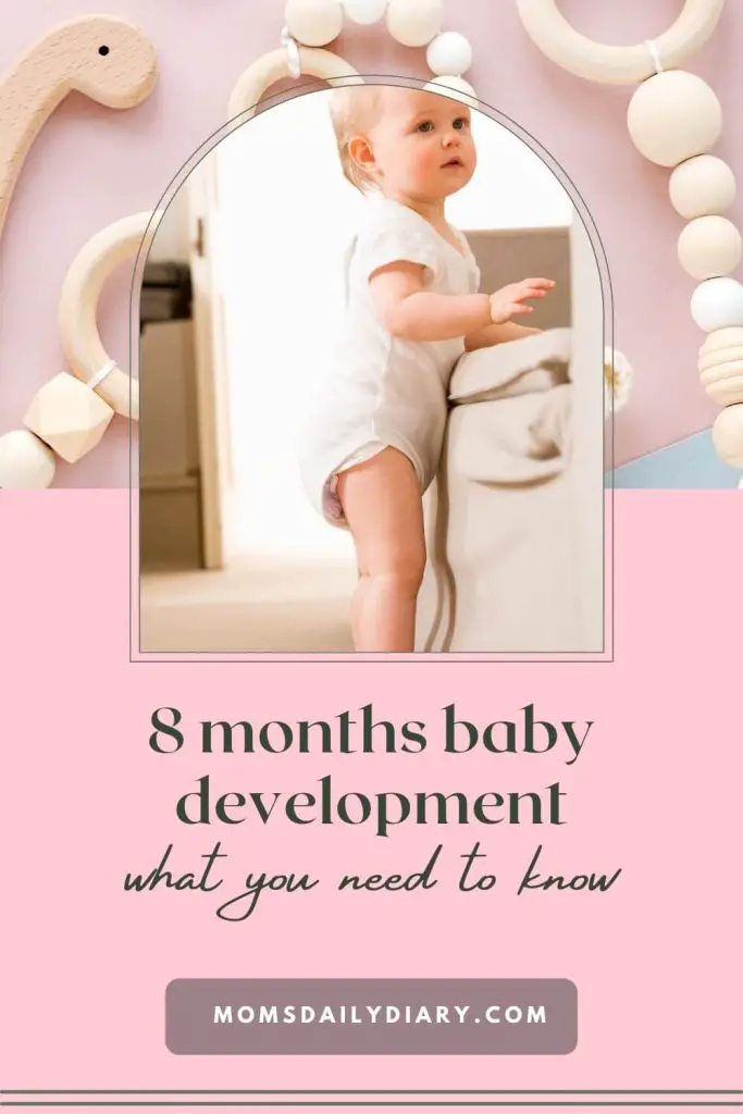 Pinterest pin with text "8 months baby development. What you need to know" and image of a standing baby.