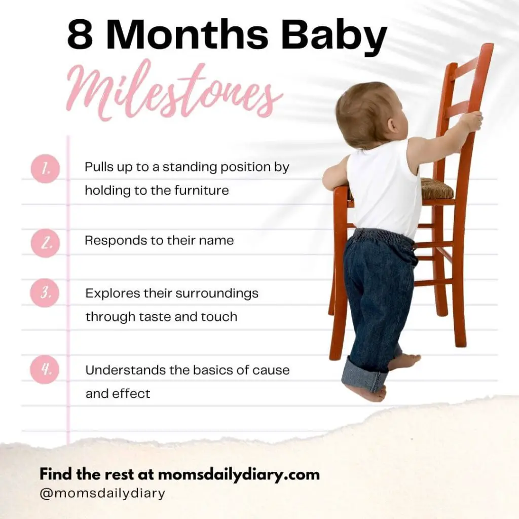 Instagram post listing a few milestones associated with 8 months baby development.
