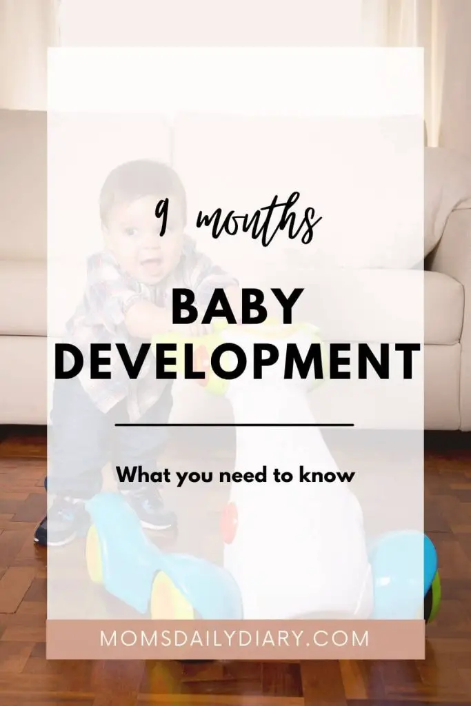 Pinterest pin with text "9 months baby development. What you need to know" and image of a baby walking with support